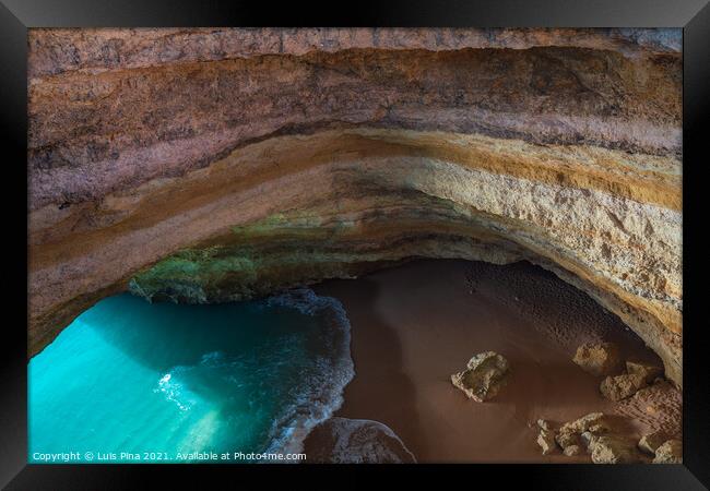 Benagil wild hidden secret cave beach top view above with turquoise paradise water in Carvoeiro, Portugal Framed Print by Luis Pina