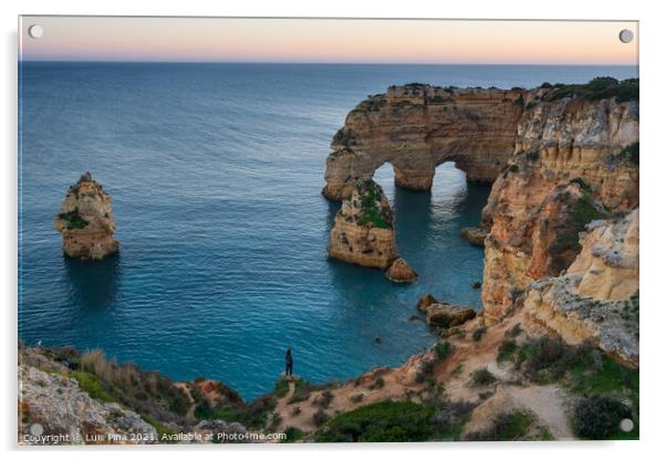 Woman girl in Natural arch cliffs of Praia da Marinha beach at sunset beautiful landscape with atlantic ocean, in Lagoa Portugal Acrylic by Luis Pina
