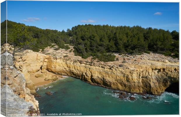 Wild beach nature landscape with turquoise water in Benagil Algarve, Portugal Canvas Print by Luis Pina