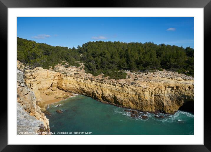 Wild beach nature landscape with turquoise water in Benagil Algarve, Portugal Framed Mounted Print by Luis Pina