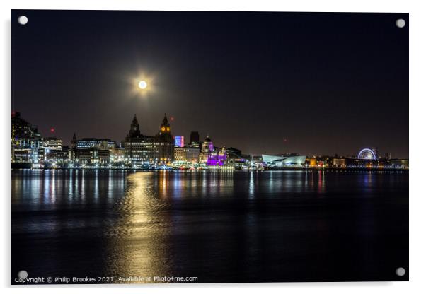Liverpool and Mersey by Moonlight Acrylic by Philip Brookes