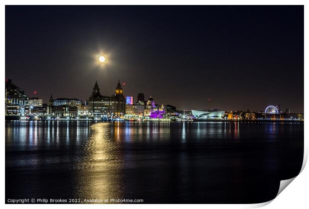 Liverpool and Mersey by Moonlight Print by Philip Brookes