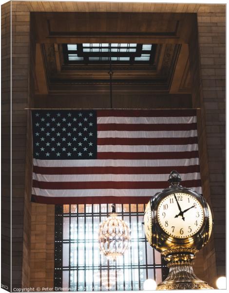Grand Central Station in New York City - Iconic Clock and USA Flag Canvas Print by Peter Greenway