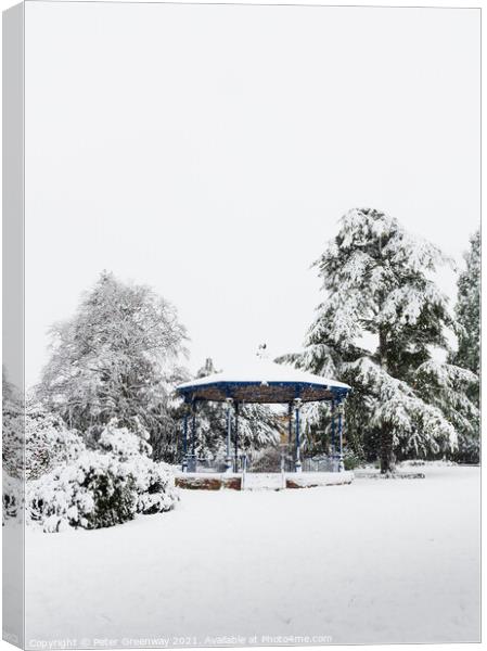The Band Stand In Garth Park In The Snow, Bicester Canvas Print by Peter Greenway