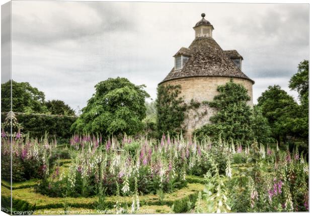 Foxgloves & Dovecote In The Walled Garden At Rouse Canvas Print by Peter Greenway