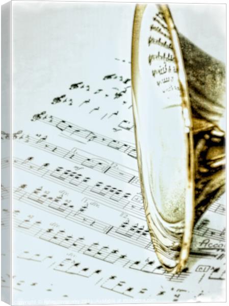 Trumpet Instrument close up on Sheet Music Canvas Print by Peter Greenway