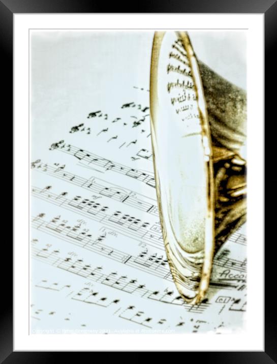 Trumpet Instrument close up on Sheet Music Framed Mounted Print by Peter Greenway