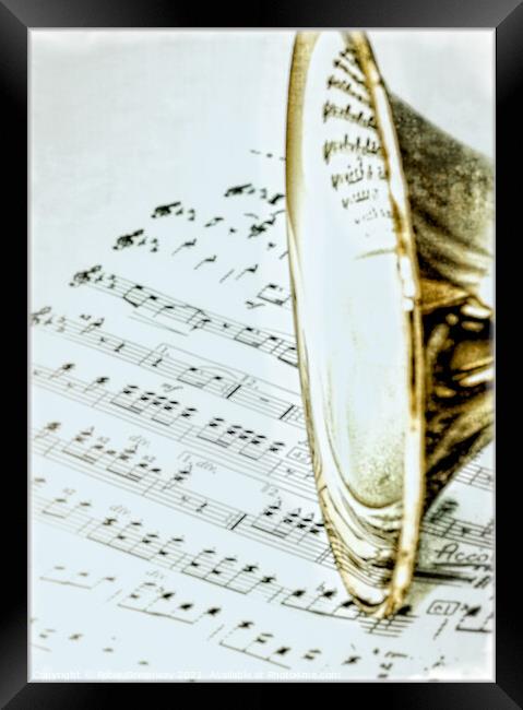 Trumpet Instrument close up on Sheet Music Framed Print by Peter Greenway