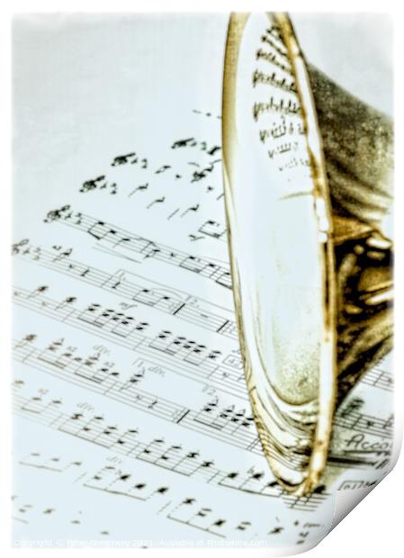 Trumpet Instrument close up on Sheet Music Print by Peter Greenway