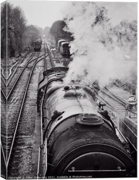 Vintage Steam Train from above - Watercress Railwa Canvas Print by Peter Greenway