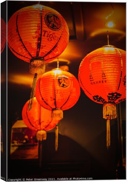 Chinese Lanterns in Chinatown, London Canvas Print by Peter Greenway