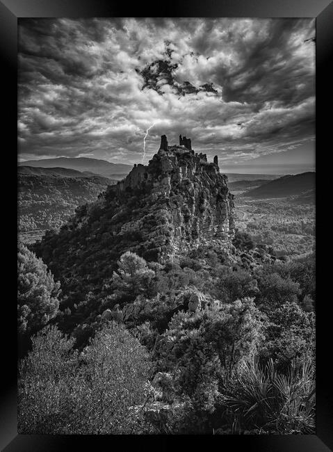 A castle on the mountain under the storm in black and white Framed Print by Vicen Photo