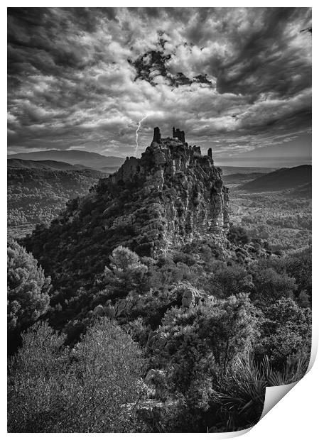 A castle on the mountain under the storm in black and white Print by Vicen Photo