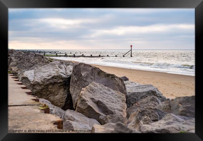 View across Cart Gap beach on the North Norfolk coast. Captured during early evening Framed Print by Chris Yaxley