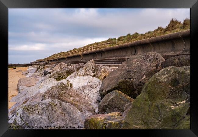 Norfolk coast erosion control on Cart Gap beach, Norfolk Framed Print by Chris Yaxley
