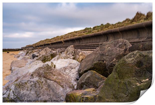 Norfolk coast erosion control on Cart Gap beach, Norfolk Print by Chris Yaxley