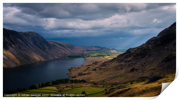 Shaft of Light hitting Low Wood by Wast Water Print by Adrian Gavigan