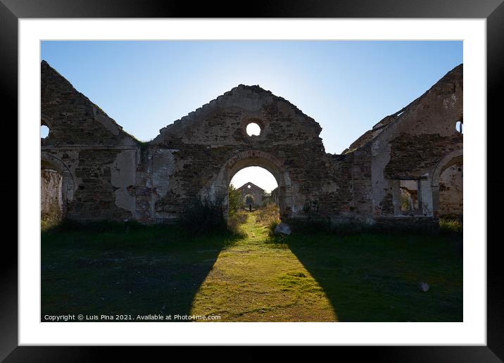 Woman girl abandoned ruin mine buildings red landscape in Mina de Sao Domingos, Portugal Framed Mounted Print by Luis Pina