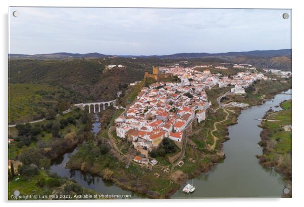 Mertola drone aerial view of the city and landscape with Guadiana river and medieval historic castle on the top in Alentejo, Portugal Acrylic by Luis Pina