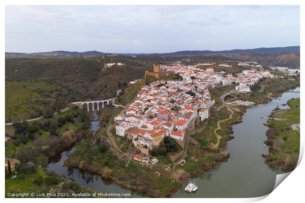 Mertola drone aerial view of the city and landscape with Guadiana river and medieval historic castle on the top in Alentejo, Portugal Print by Luis Pina