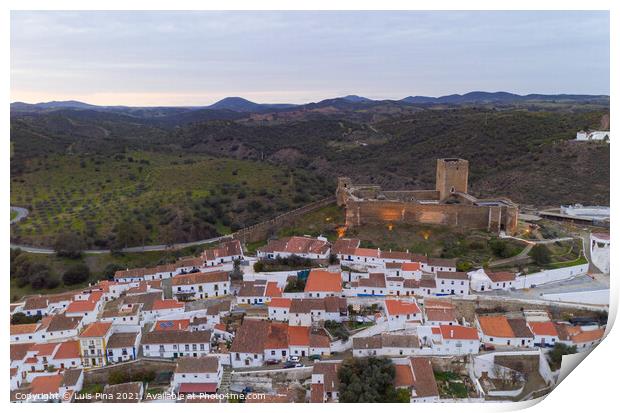 Mertola drone aerial view of the city and landscape with Guadiana river and medieval historic castle on the top in Alentejo, Portugal Print by Luis Pina