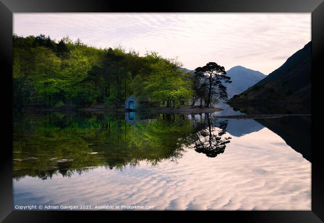 Wast Water Boat House Reflection Framed Print by Adrian Gavigan
