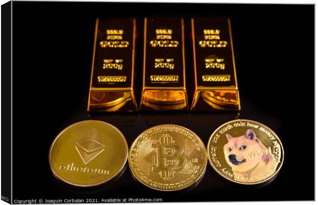 Several cryptocurrencies next to gold bars, the future of defi,  Canvas Print by Joaquin Corbalan