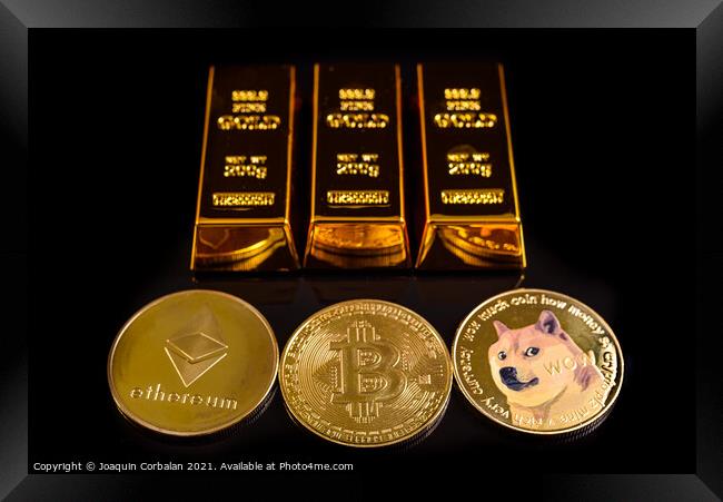Several cryptocurrencies next to gold bars, the future of defi,  Framed Print by Joaquin Corbalan