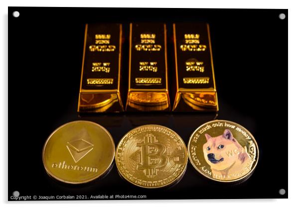 Several cryptocurrencies next to gold bars, the future of defi,  Acrylic by Joaquin Corbalan