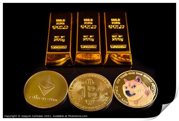 Several cryptocurrencies next to gold bars, the future of defi,  Print by Joaquin Corbalan