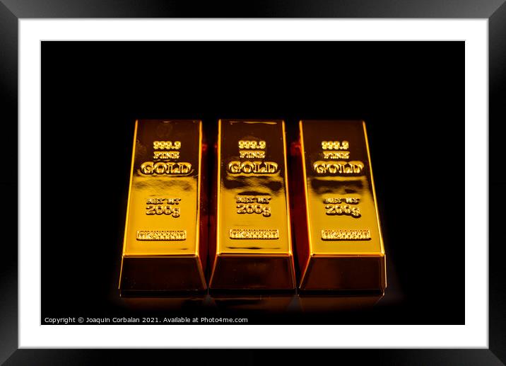 Gold bars isolated on black studio background, safe haven value  Framed Mounted Print by Joaquin Corbalan