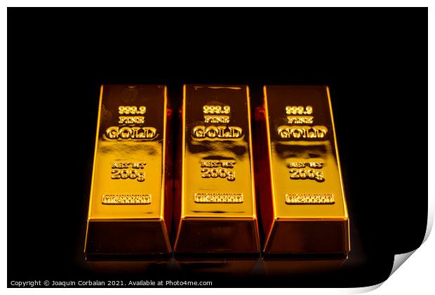 Gold bars isolated on black studio background, safe haven value  Print by Joaquin Corbalan