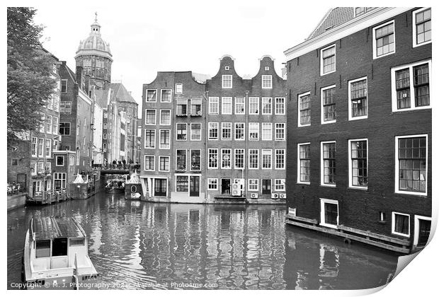 A small boat in a body of water with a city of Amsterdam. Print by M. J. Photography