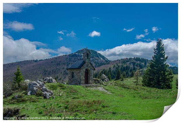 Stone chapel in mountains Print by Maria Vonotna