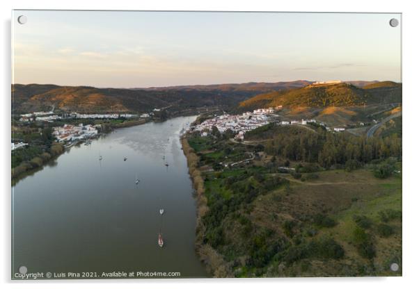 Aerial drone view of Sanlucar de Guadiana in Spain and Alcoutim in Portugal with sail boats on Guadiana river Acrylic by Luis Pina