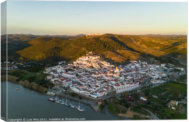 Aerial drone view of Sanlucar de Guadiana in Spain, from Alcoutim in Portugal Canvas Print by Luis Pina