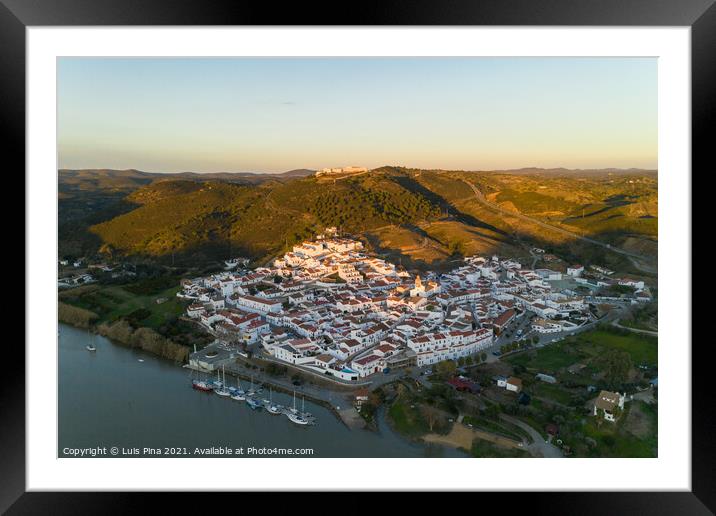 Aerial drone view of Sanlucar de Guadiana in Spain, from Alcoutim in Portugal Framed Mounted Print by Luis Pina