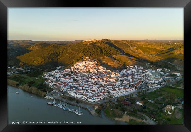 Aerial drone view of Sanlucar de Guadiana in Spain, from Alcoutim in Portugal Framed Print by Luis Pina