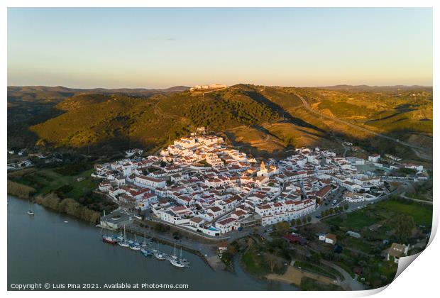 Aerial drone view of Sanlucar de Guadiana in Spain, from Alcoutim in Portugal Print by Luis Pina