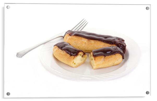 Two Chocolate Eclairs on a White Plate with a Fork Acrylic by Darryl Brooks