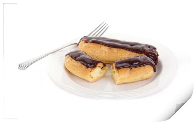 Two Chocolate Eclairs on a White Plate with a Fork Print by Darryl Brooks