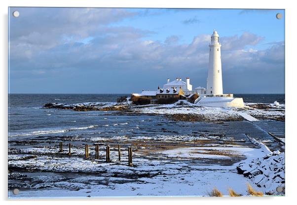 St Mary's Lighthouse and Posts, Winter Acrylic by Michael Oakes