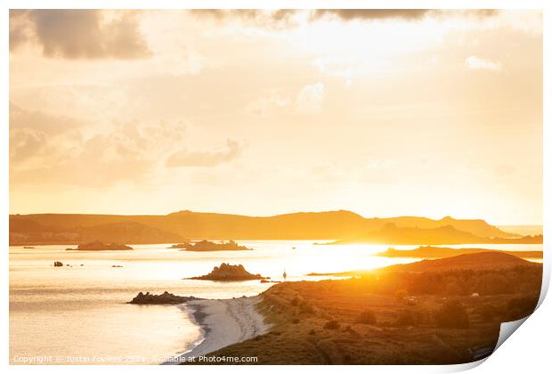View from Lawrence's Bay, St Martin's, towards Tresco, Isles of Scilly Print by Justin Foulkes