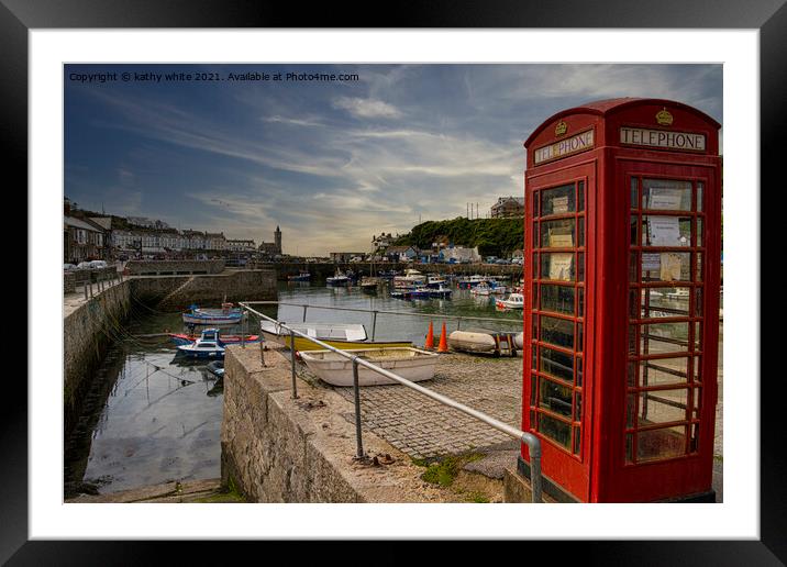 Porthleven Harbour Cornwall, old Red Telephone box Framed Mounted Print by kathy white