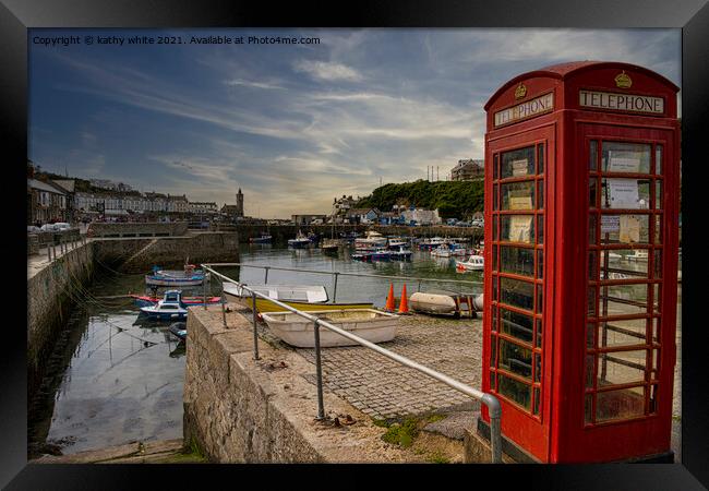 Porthleven Harbour Cornwall, old Red Telephone box Framed Print by kathy white