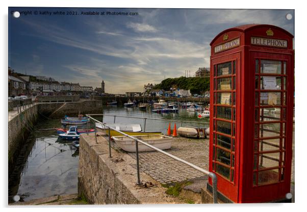 Porthleven Harbour Cornwall, old Red Telephone box Acrylic by kathy white