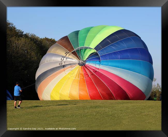 Rainbow Hot Air Balloon on Robin Hill Framed Print by Sandra Day