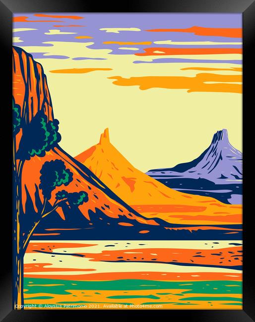 North and South Six Shooter Peak in Bears Ears National Monument located in San Juan County Utah WPA Poster Art Framed Print by Aloysius Patrimonio