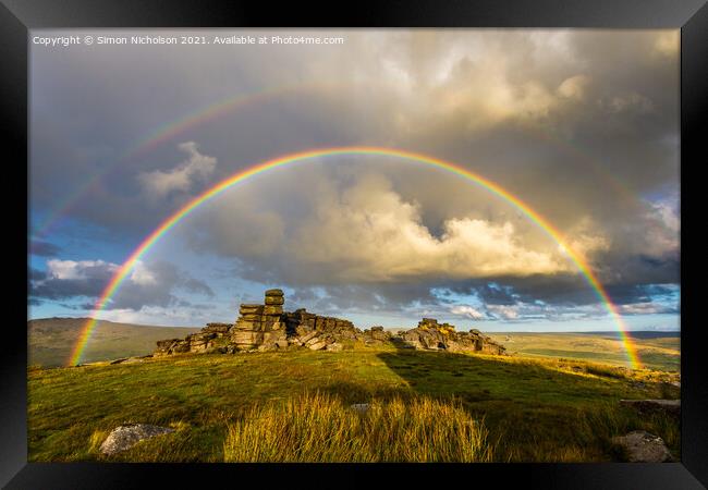 Double Rainbow Over Great Staple Tor Framed Print by Simon Nicholson