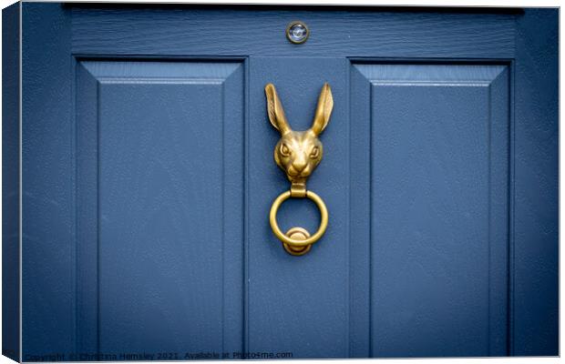 Blue wooden front door with bronze rabbit head door knocker Canvas Print by Christina Hemsley